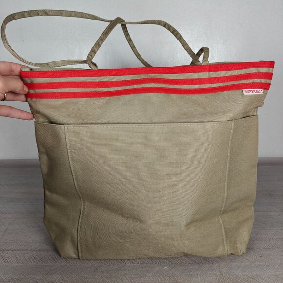 Vintage Large SuperSac Shopper Tote Bag With Stripes Khaki & Red Canvas NEW - Picture 2 of 9